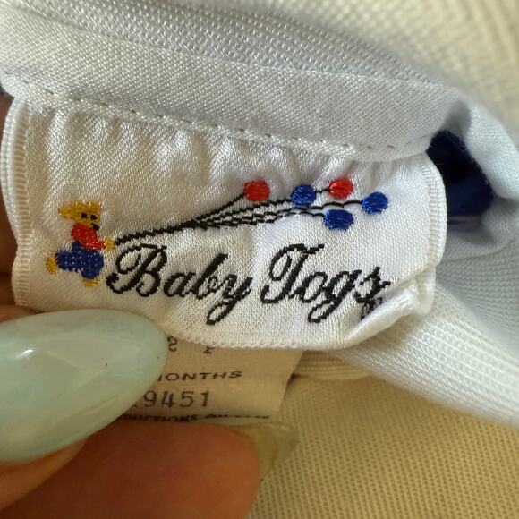 80s Vintage BABY TOGS | Blue Striped PInafore Style Dress Elephants 18 months - Picture 5 of 6